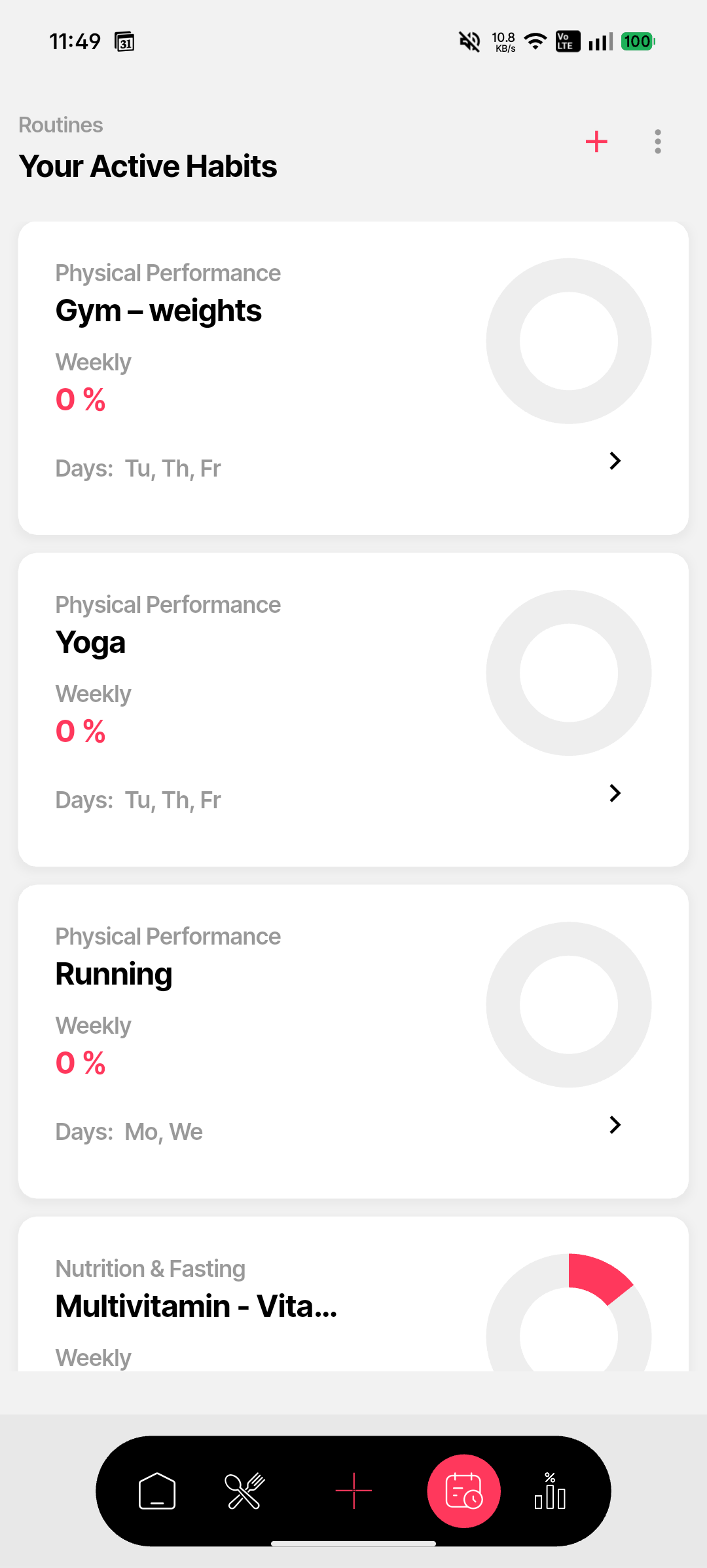 Active habits list showing gym, yoga, running, and multivitamin habits with completion rings