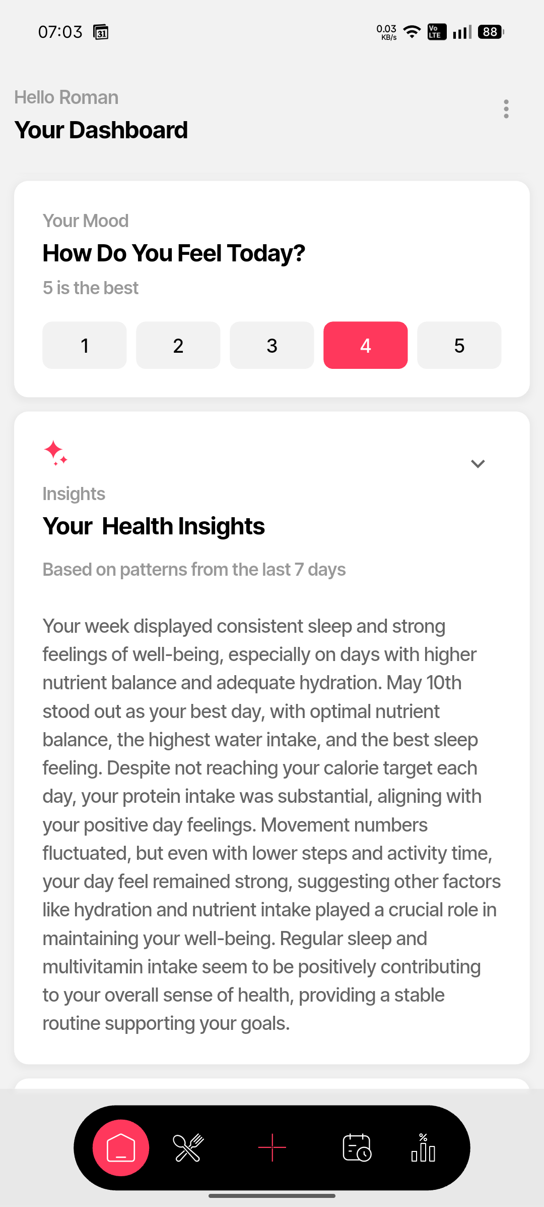 AI health insights carousel on dark background