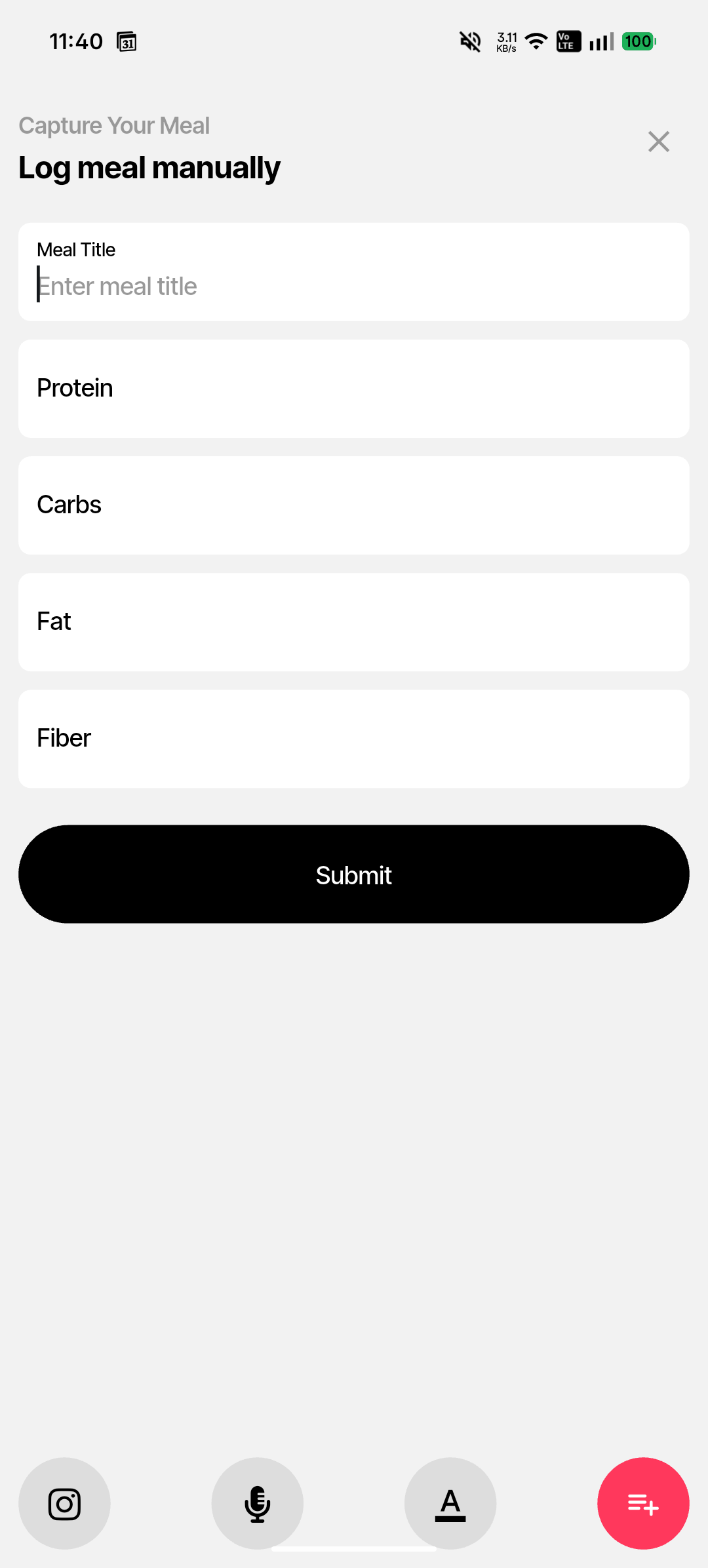 Manual meal entry form with fields for meal title, protein, carbs, fat, and fiber