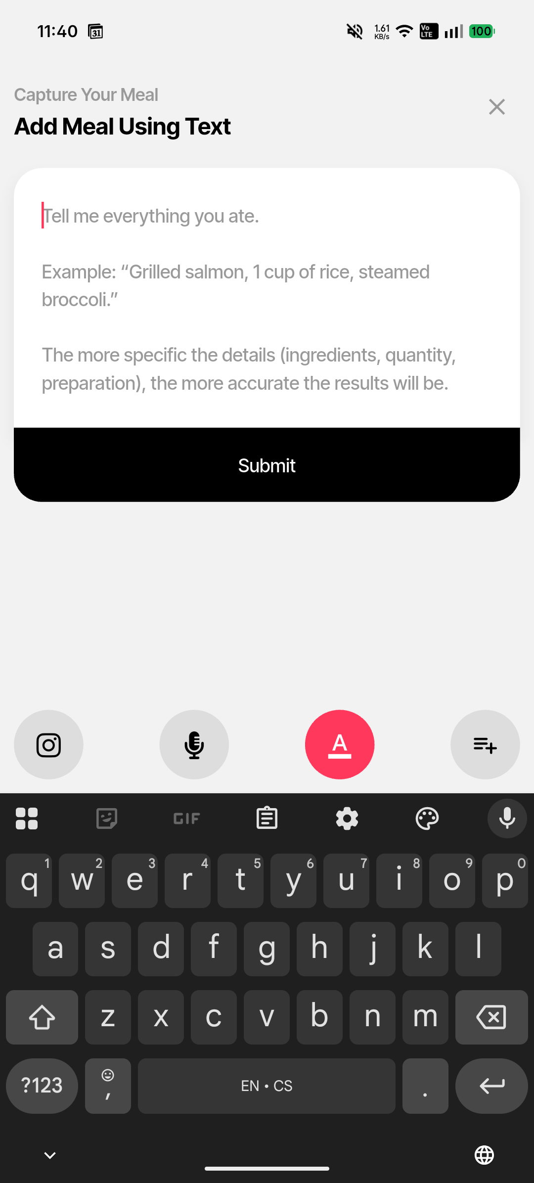 Add meal by text screen with a large text area for describing what you ate