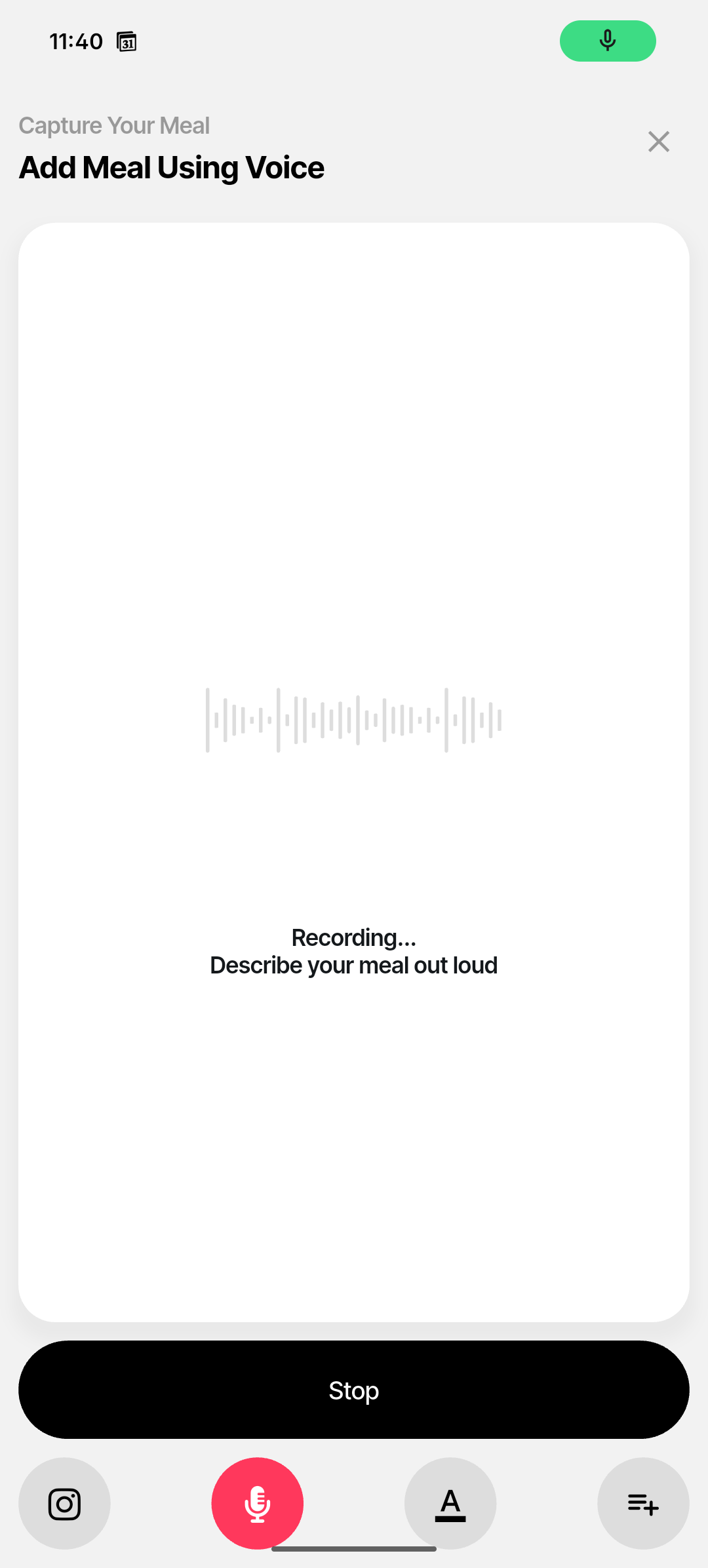 Add meal by voice screen showing audio waveform and recording status