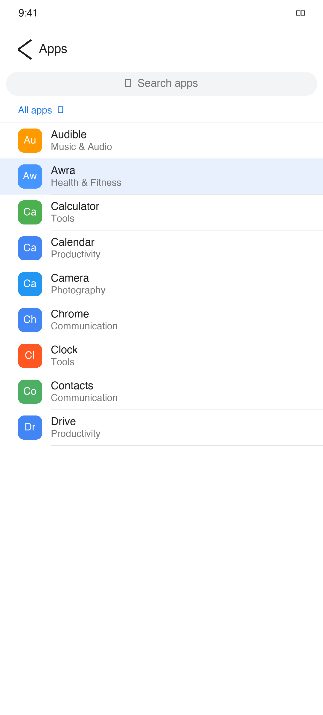 Android Settings › Apps list with Awra visible