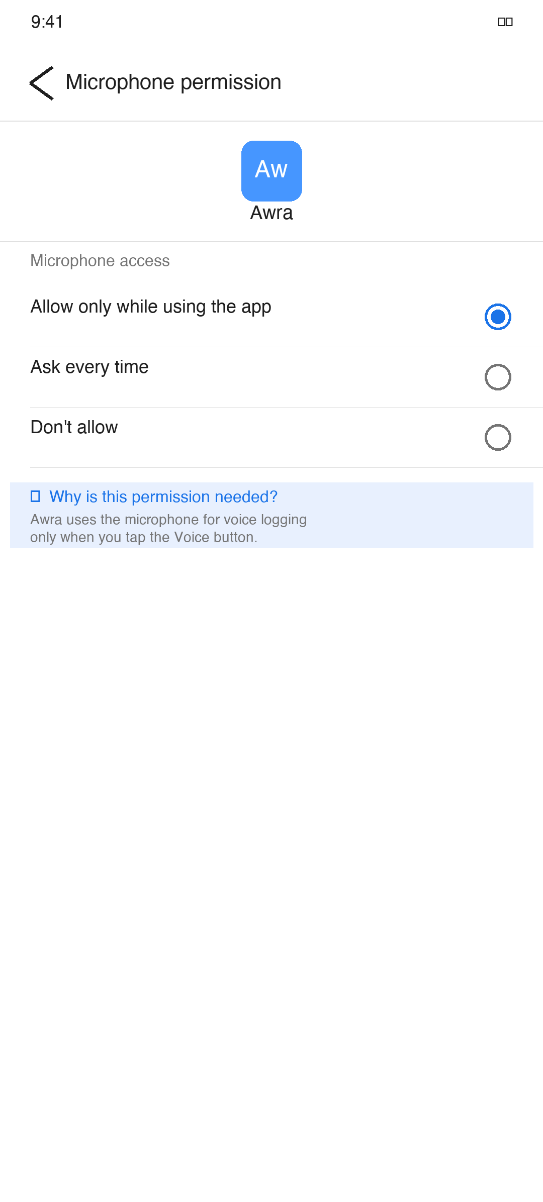 Android Permissions screen for Awra with Microphone set to Allow only while using the app
