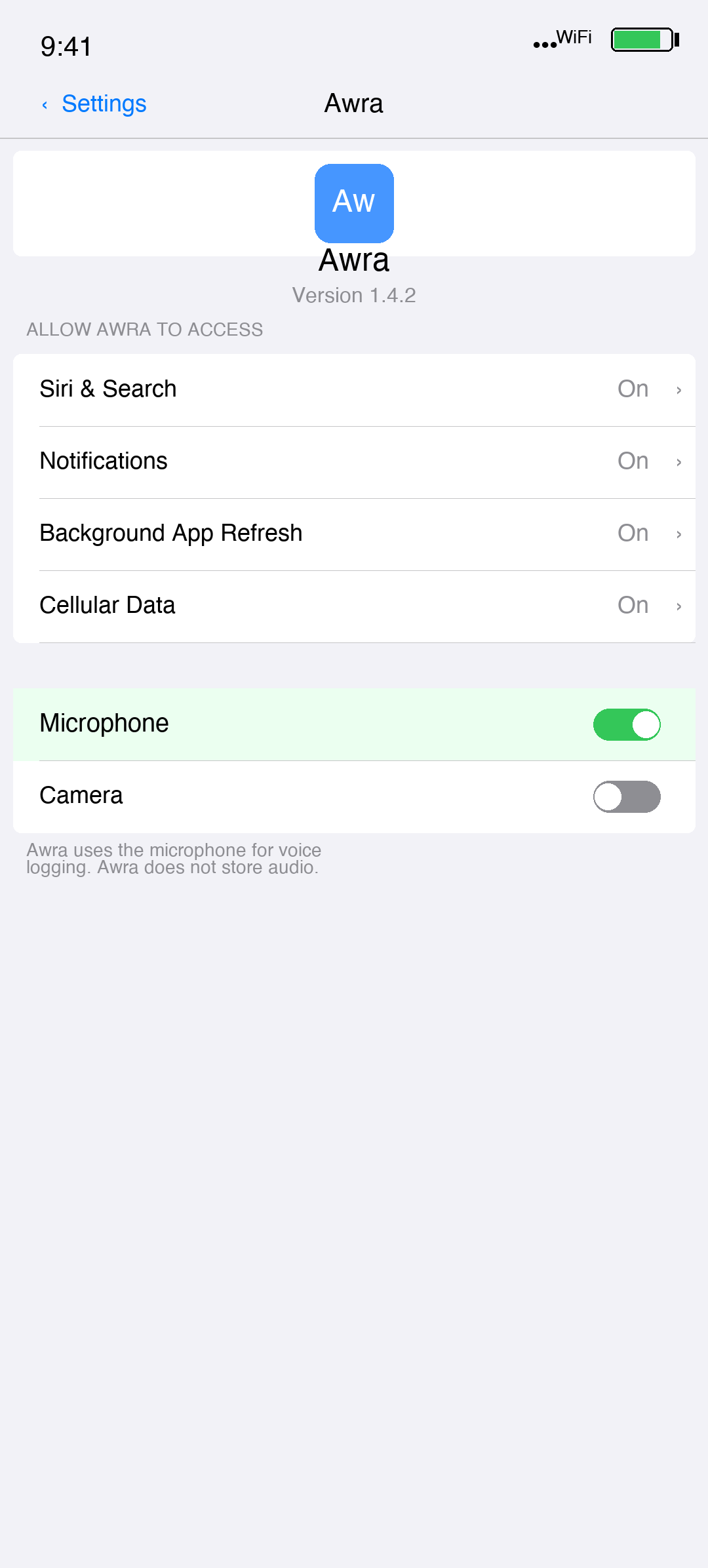 iPhone Settings › Awra showing the Microphone toggle turned on (green)