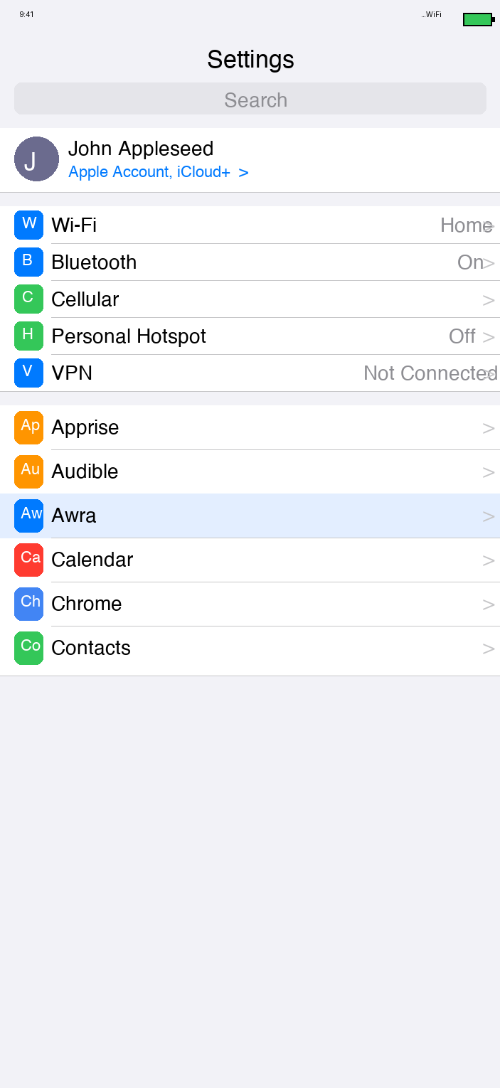 iPhone Settings app showing Awra in the app list