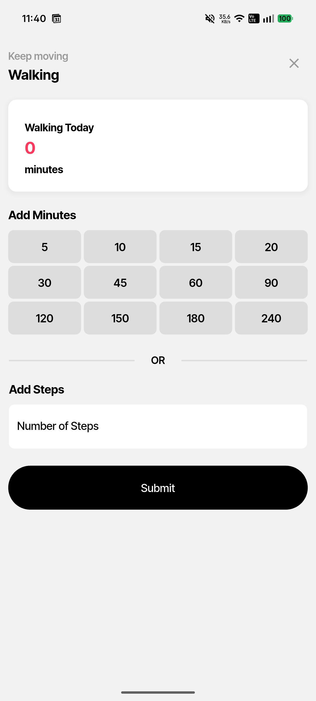 Walking log screen showing minutes grid, steps field, and current total